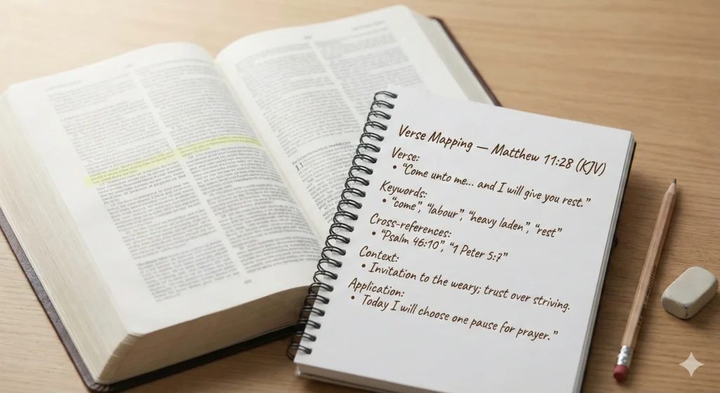 Verse mapping bible journaling notebook page with keywords, cross-references, and personal application notes.