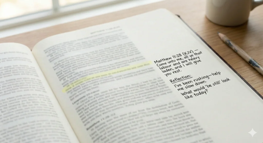 Margin journaling layout with observation, meaning, and application notes beside Scripture.